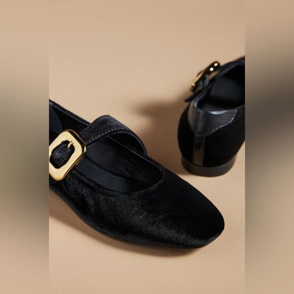 Maeve size 40 Maeve Buckle Mary Jane Flats Velvet Black Anthropologie - Picture 2 of 4